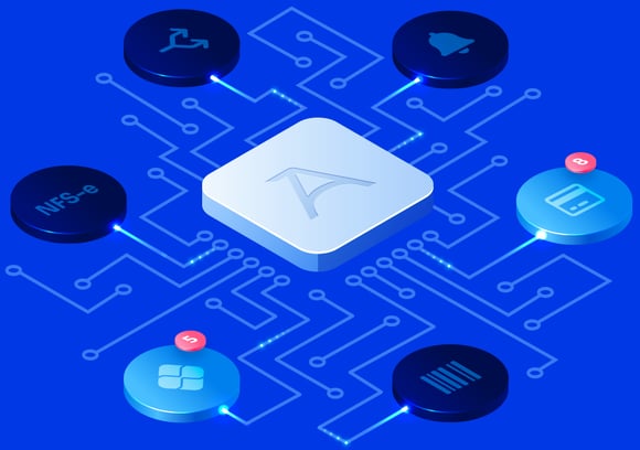 Ilustração sugerindo a conexão do Asaas com cobranças, emissão de notas fiscais, notificações, split de pagamento e entre outras funcionalidades.