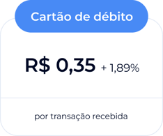 Cartão de débito: R$ 0,35 + 1,89% por transação recebida