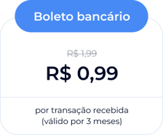 Boleto bancário: De R$ 1,99 por R$ 0,99 por transação recebida. Válido por 3 meses.