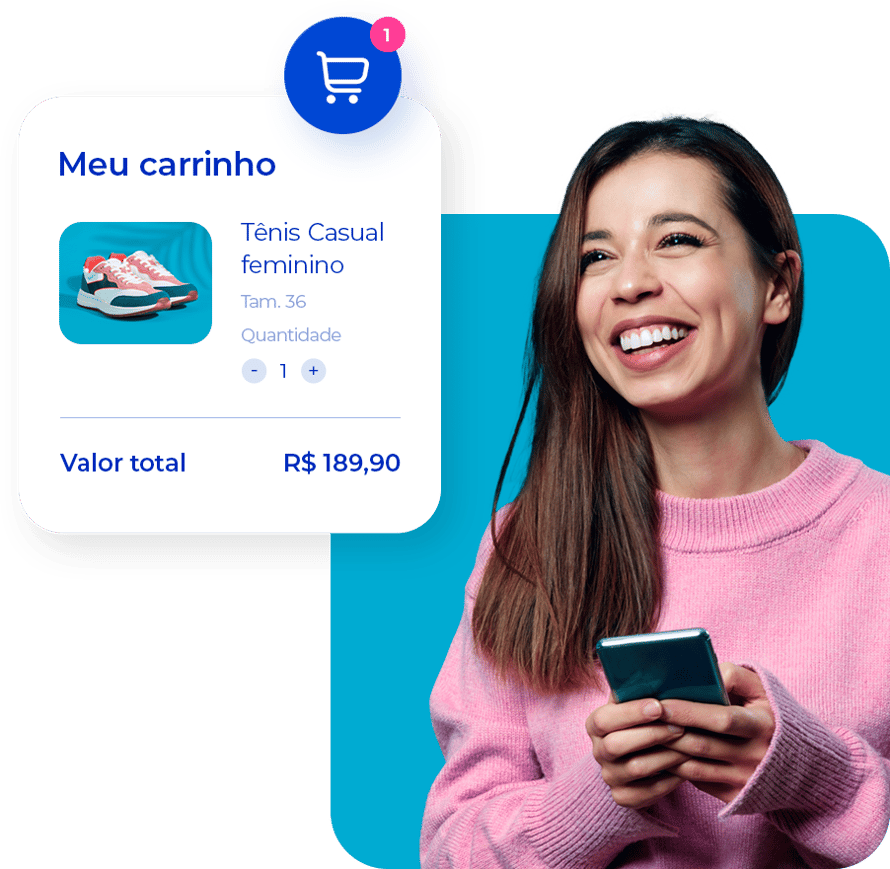 Mulher sorrindo com celular nas mãos, ao lado, uma simulação de um carrinho de compras.