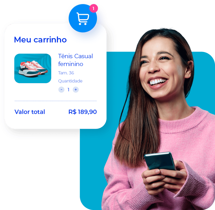 Mulher sorrindo com celular nas mãos, ao lado, uma simulação de um carrinho de compras.