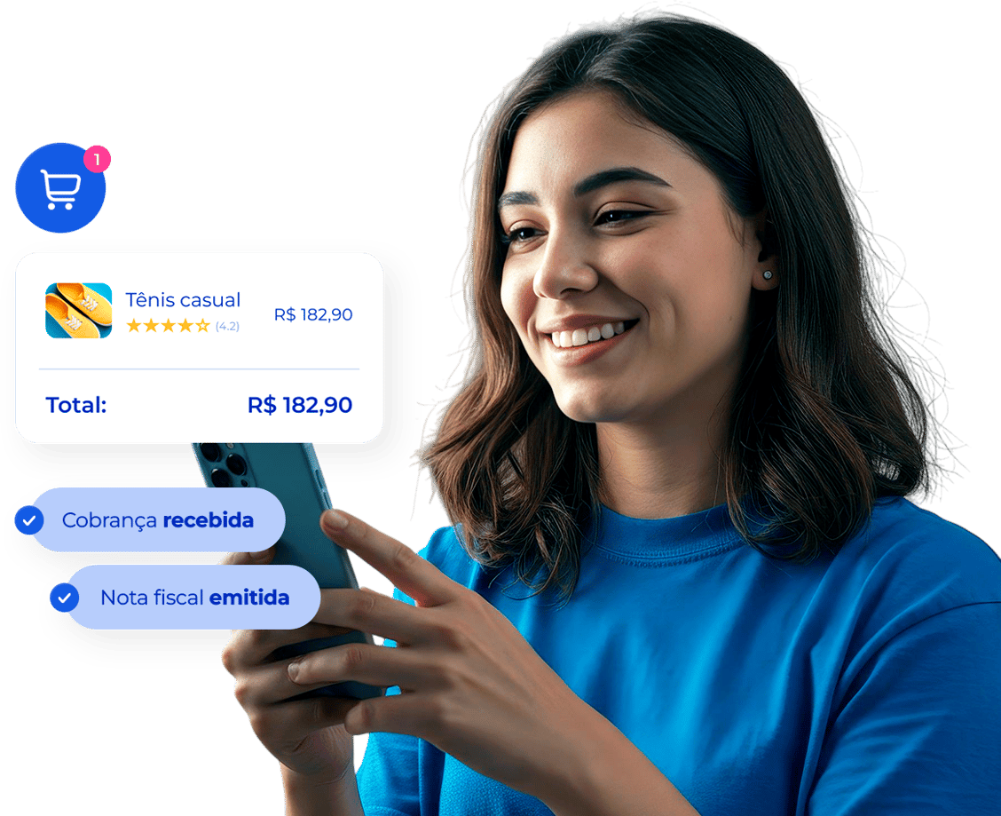 Mulher olhando para o celular em suas mãos. Ao lado recortes de um carrinho de compras de uma loja online.