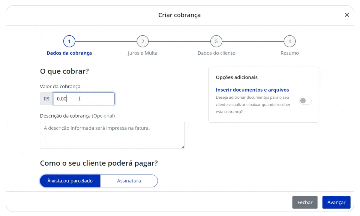 Animação das etapas de criação de cobrança