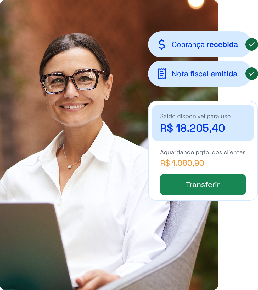 Executiva trabalhando em seu notebook. Ao lado, notificações de cobrança recebida, nota fiscal emitida e saldo da conta disponível para uso e aguardando pagamento dos clientes. Executiva trabalhando em seu notebook. Ao lado, notificações de cobrança recebida, nota fiscal emitida e saldo da conta disponível para uso e aguardando pagamento dos clientes.