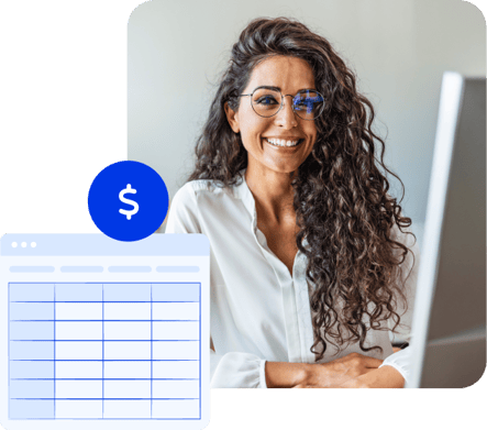 Mulher de cabelos morenos e óculos em frente a uma tela de computador. Ao seu lado, uma ilustração de planilha e um ícone de cifrão. Mulher de cabelos morenos e óculos em frente a uma tela de computador. Ao seu lado, uma ilustração de planilha e um ícone de cifrão.