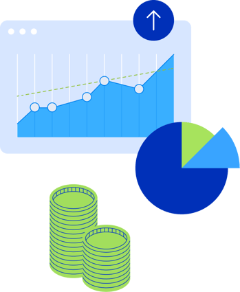 Ilustração de gráficos em crescimento e moedas