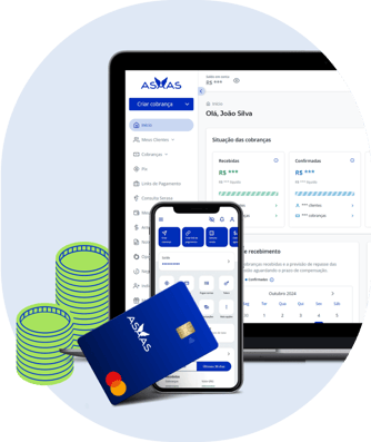 Notebook e celular mostrando com a plataforma do Asaas em suas telas. Em frente, um cartão Asaas e ilustração de moedas.
