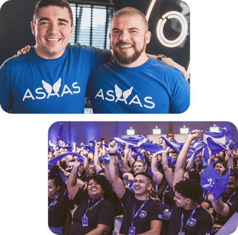 Fotos dos fundadores do Asaas e alguns colaboradores juntos celebrando as conquistas.