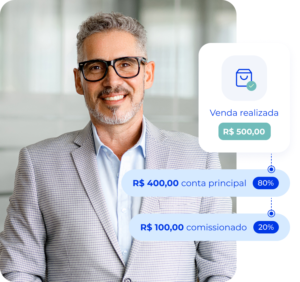 Homem sorrindo, ao seu lado, informação de venda realizada e divisão entre conta principal e comissionada. Homem sorrindo, ao seu lado, informação de venda realizada e divisão entre conta principal e comissionada.