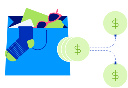 Ilustração de sacola de compras, moedas saindo da sacola e sendo divididas.
