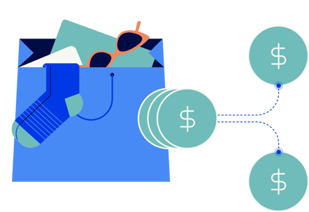 Ilustração de sacola de compras, moedas saindo da sacola e sendo divididas. Ilustração de sacola de compras, moedas saindo da sacola e sendo divididas.