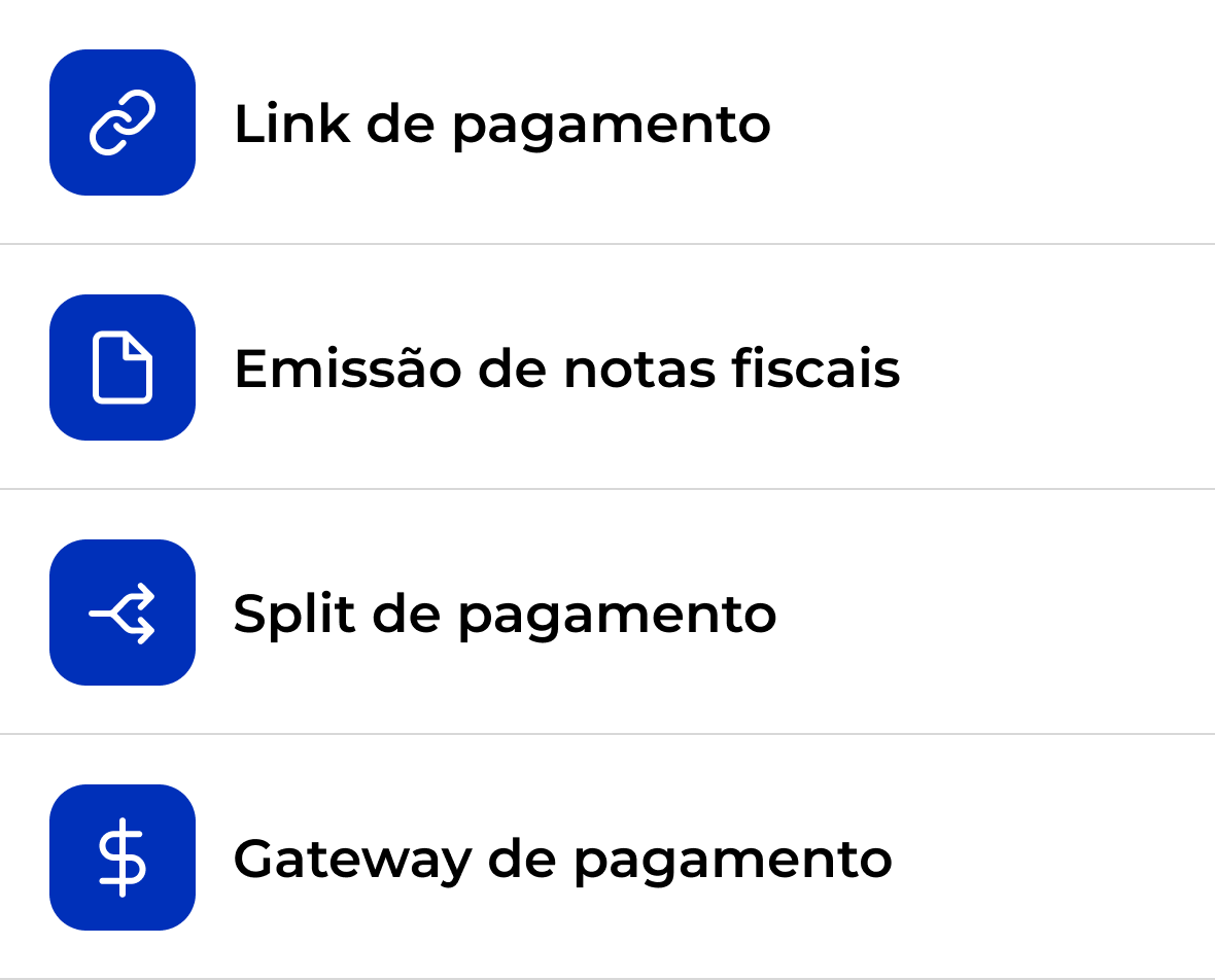 Link de pagamento, emissão de notas fiscais, split de pagamento, gateway de pagamento
