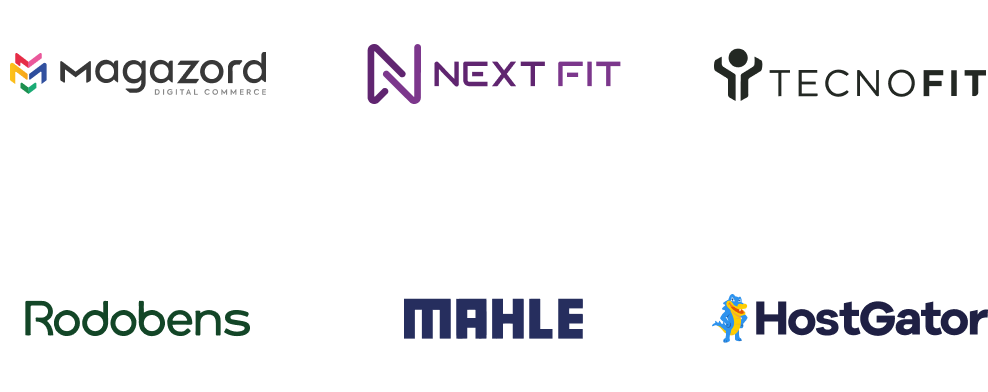 Logo da Magazord, Next fit, Tecnofit, Rodobens, Mahle e HostGator.