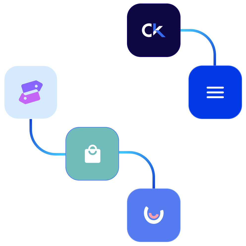 Ícones e logotipos de soluções se conectando na Flapp Store.