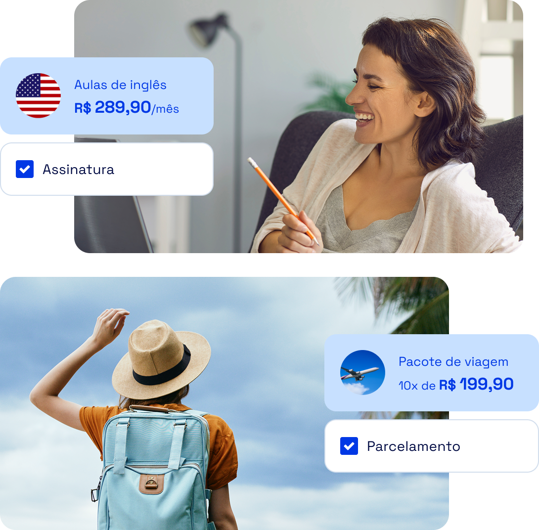 Mulher em uma aula de inglês online e jovem em uma viagem. Ao lado, informações sobre a cobrança das aulas em forma de assinatura e do pacote de viagem em forma de parcelamento.