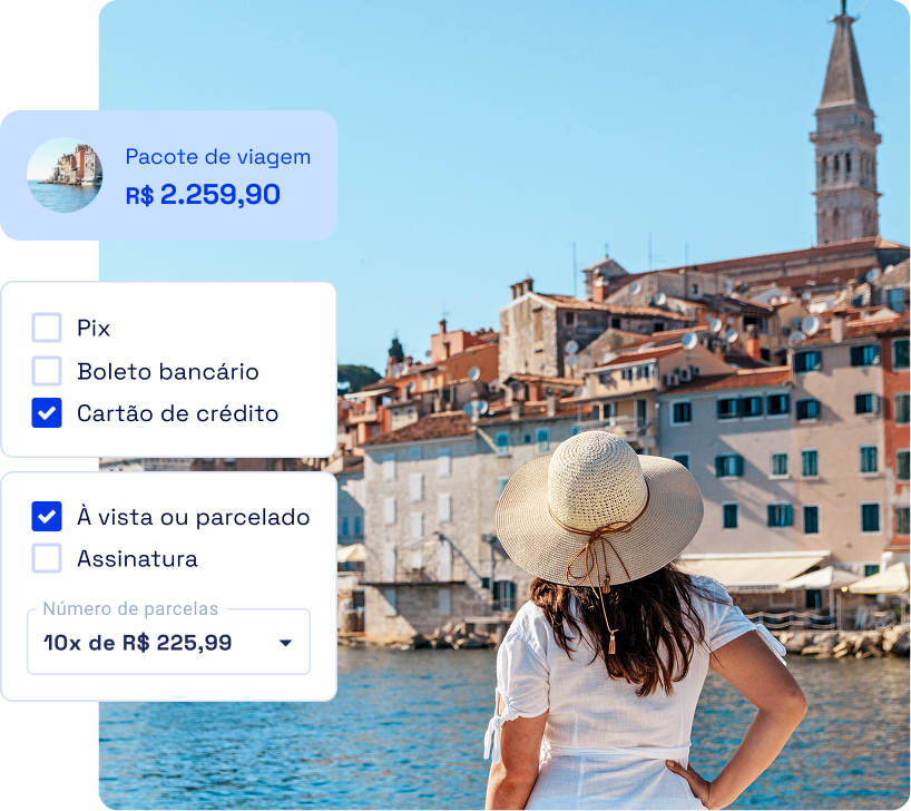 Mulher viajando e ao lado informações sobre a cobrança do pacote de viagem.
