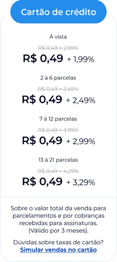 Cartão de crédito: R$ 0,49 + 1,99% (à vista), R$ 0,49 + 2,49% (2 a 6 parcelas), R$ 0,49 + 2,99% (7 a 12 parcelas) e R$ 0,49 + 3,29% (13 a 21 parcelas) sobre o valor total da venda para parcelamentos e por cobranças recebidas para assinaturas. Valores válidos por 3 meses.