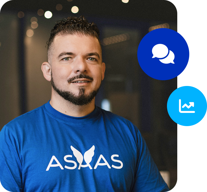 Diego Contezini, CEO do Asaas, veste camiseta azul com o logotipo da empresa.