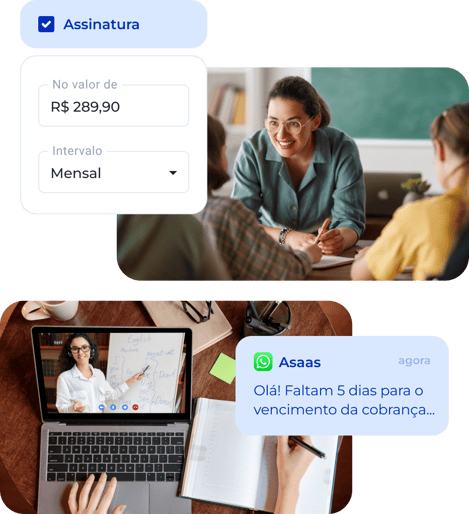 Professora e alunos em sala de aula e em outra imagem um aluno acompanha as aulas online em seu computador
