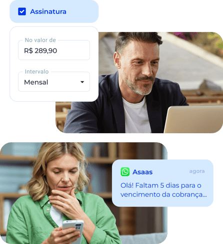 Empresário gerando uma cobrança por assinatura em seu computador e cliente recebendo a notificação de cobrança em seu celular.