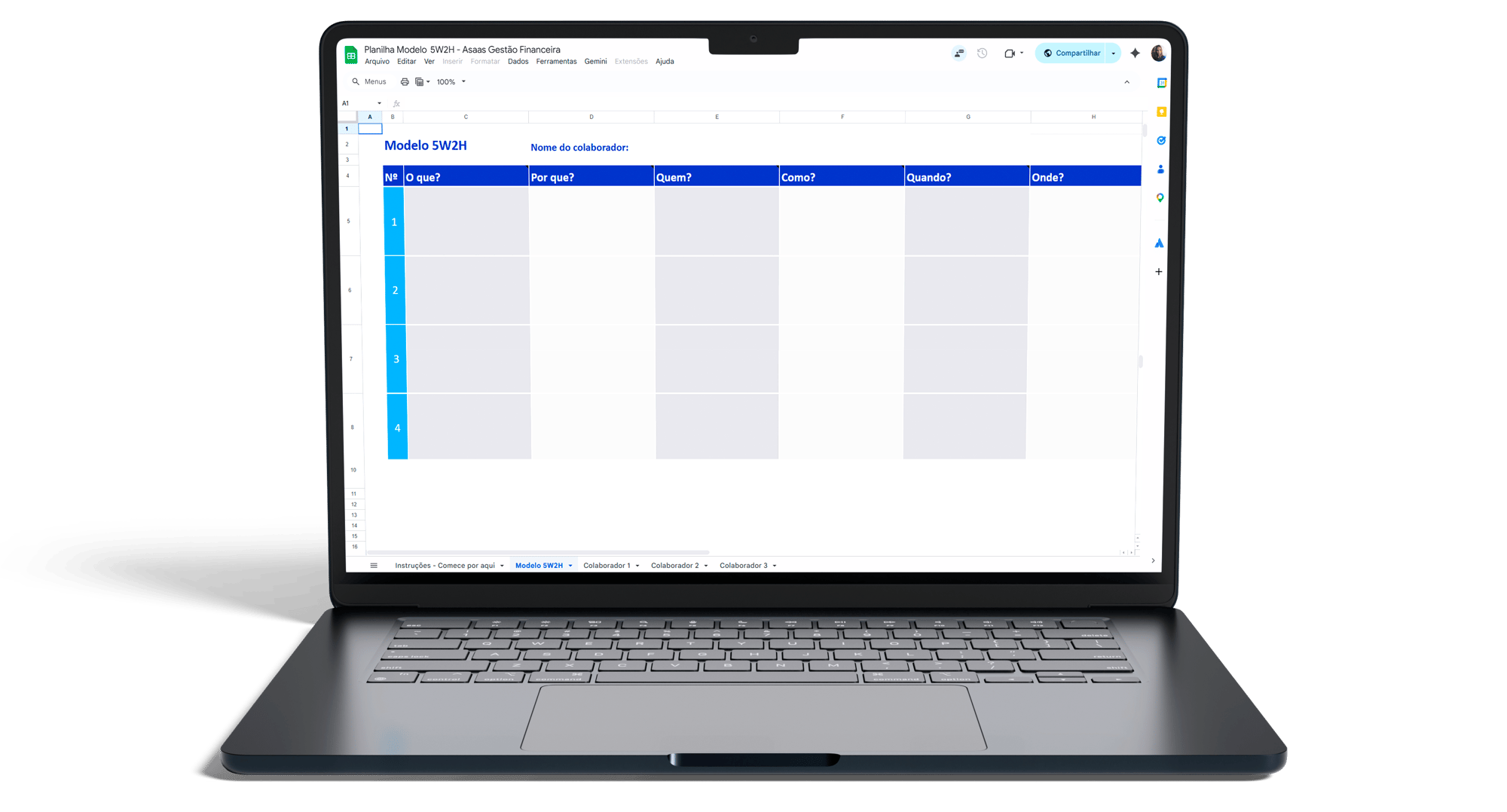 Notebook exibindo na tela a planilha 5W2H do Asaas