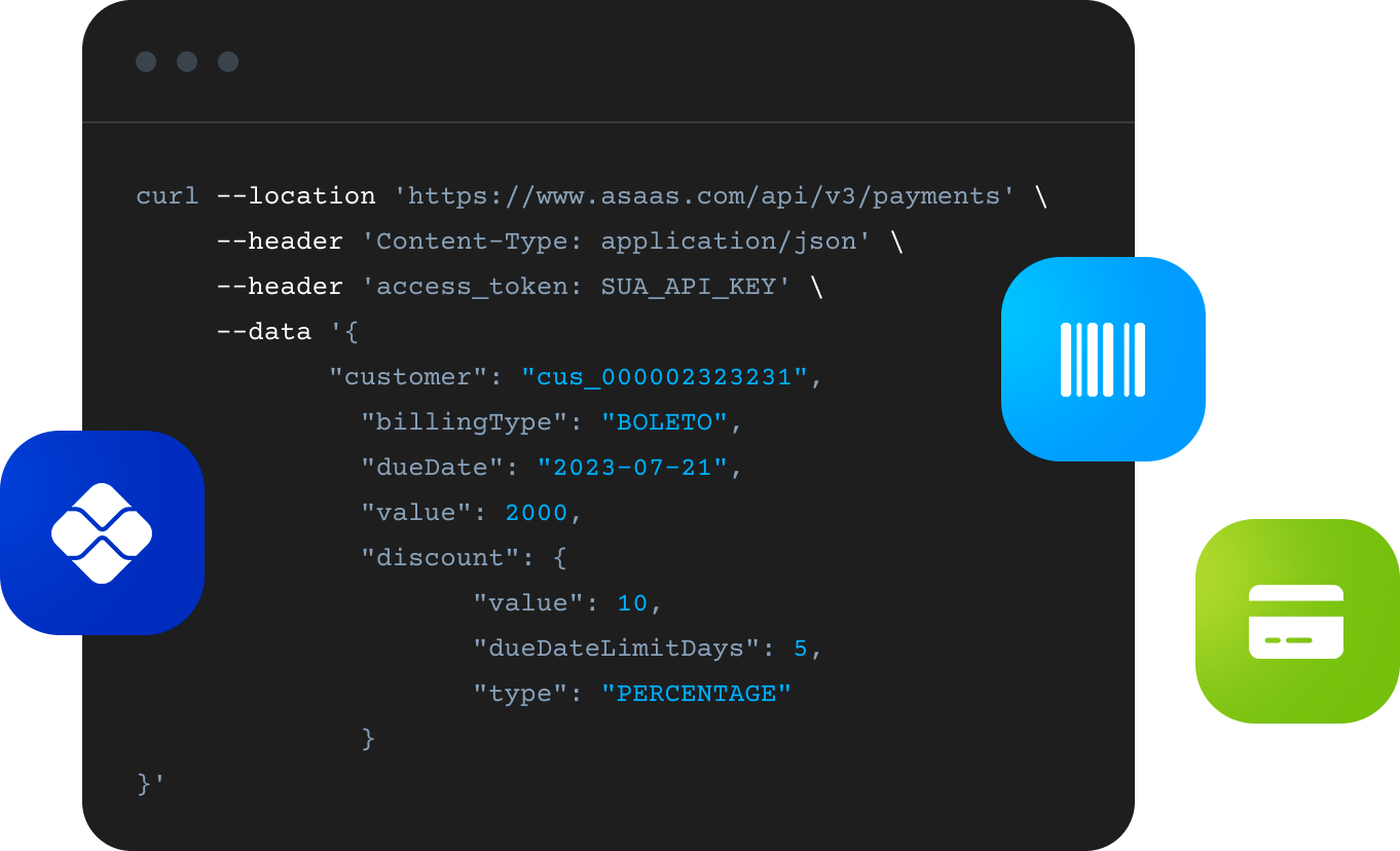 Linhas de código da API do Asaas