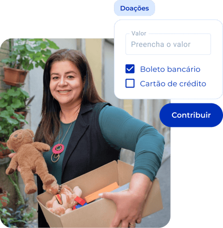 Mulher segurando caixa de brinquedos, ao lado, recortes da interface do Asaas onde é possível fazer uma doação, preenchendo o valor e selecionando entre boleto ou cartão de crédito.