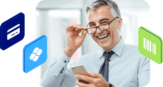 Homem de camisa social e gravata sorrindo e usando o celular. Ao seu lado, alguns ícones de boleto, cartão e Pix.