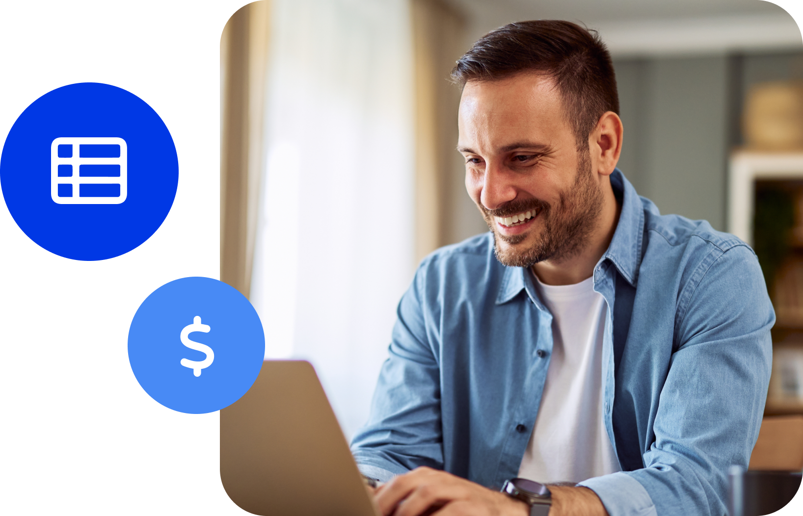 Homem vestindo camisa social e sorrindo em frente a um notebook. Ao seu lado, ícones de planilha e cifrão. Homem vestindo camisa social e sorrindo em frente a um notebook. Ao seu lado, ícones de planilha e cifrão.