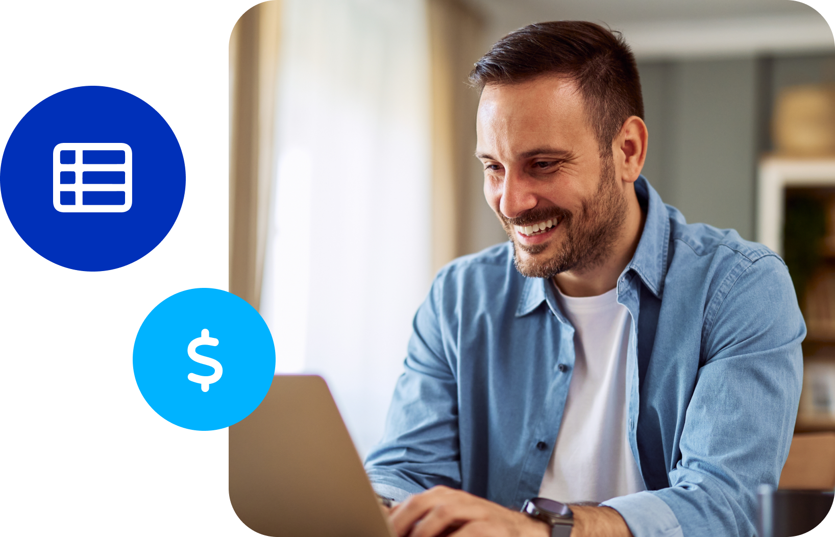 Homem vestindo camisa social e sorrindo em frente a um notebook. Ao seu lado, ícones de planilha e cifrão.