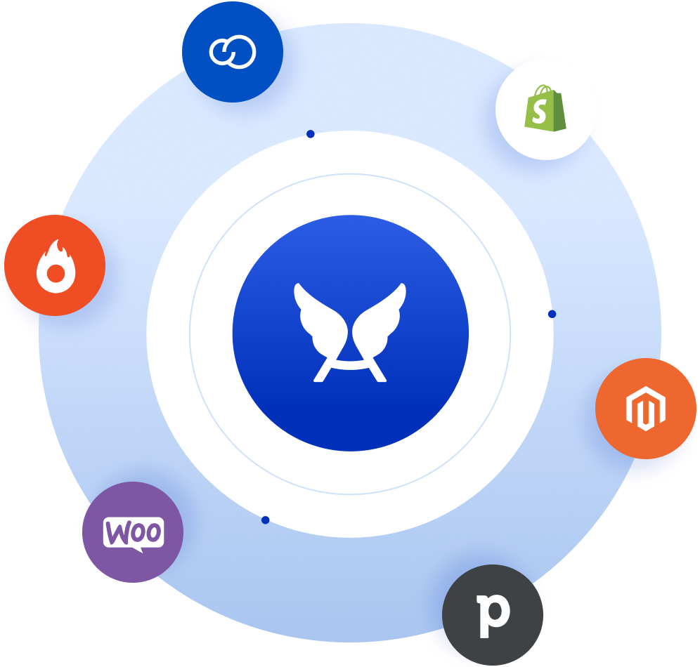 Um círculo azul com o logotipo do Asaas rodeado por outros círculos com logotipos de empresas com as quais o Asaas possibilita a integração por meio da API.