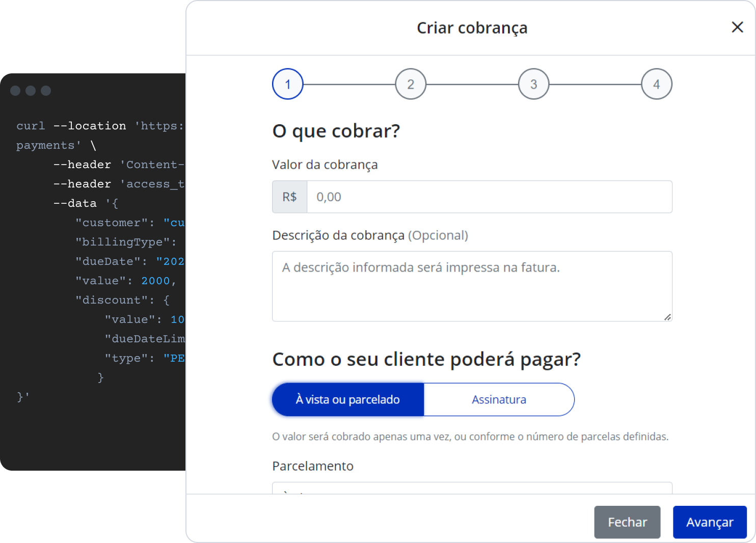 Linhas de código da API da funcionalidade "criar cobrança" da plataforma do Asaas