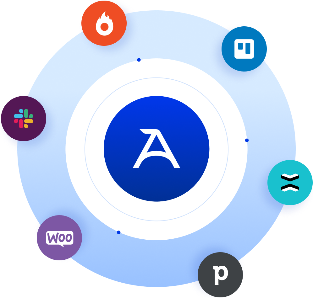 Um círculo azul com o logotipo do Asaas rodeado por outros círculos com logotipos de empresas com as quais o Asaas possibilita a integração por meio da API.