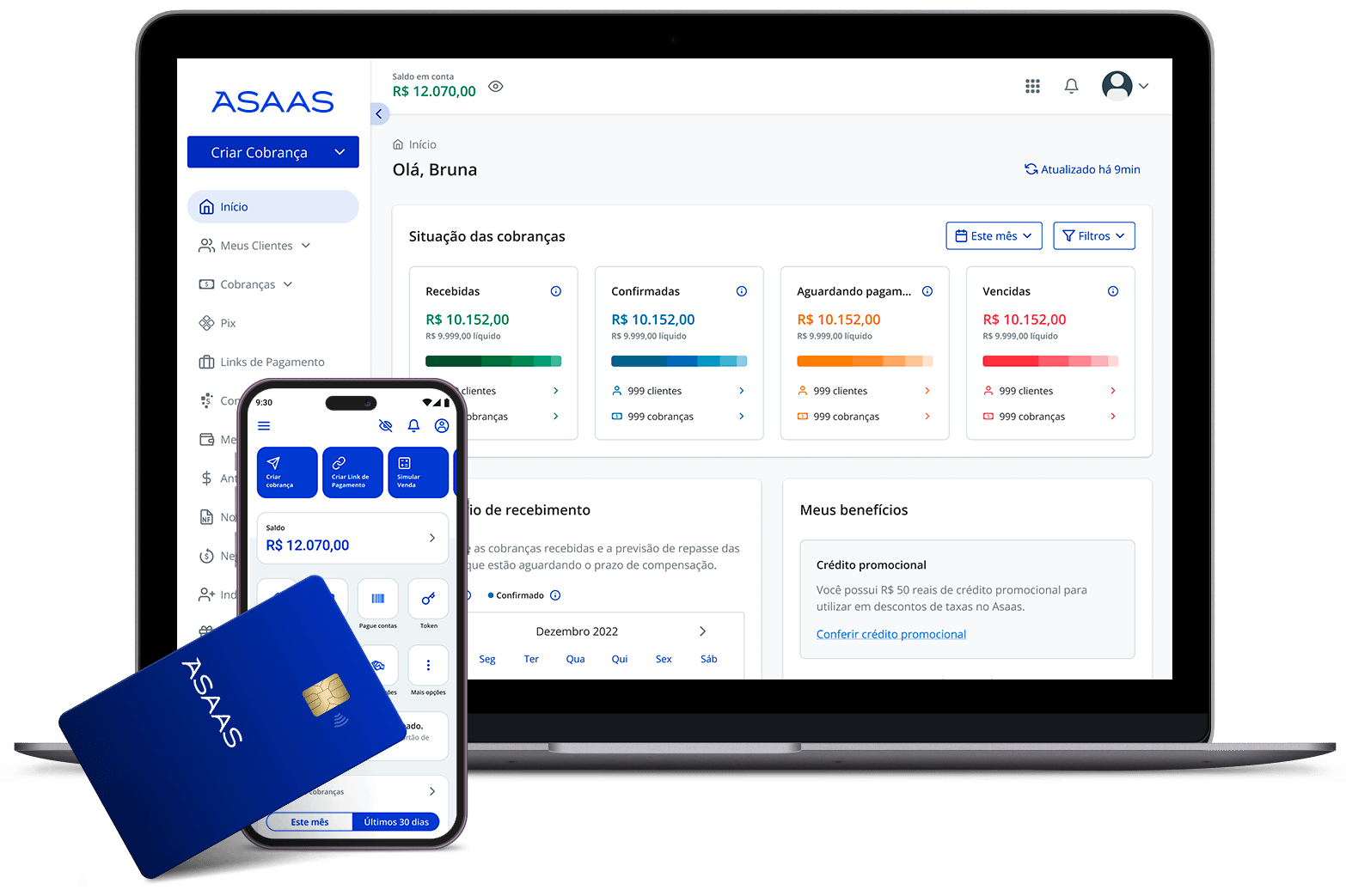 Notebook e celular exibindo a plataforma do Asaas em suas telas. Na frente de ambos, um cartão Asaas. Notebook e celular exibindo a plataforma do Asaas em suas telas. Na frente de ambos, um cartão Asaas.