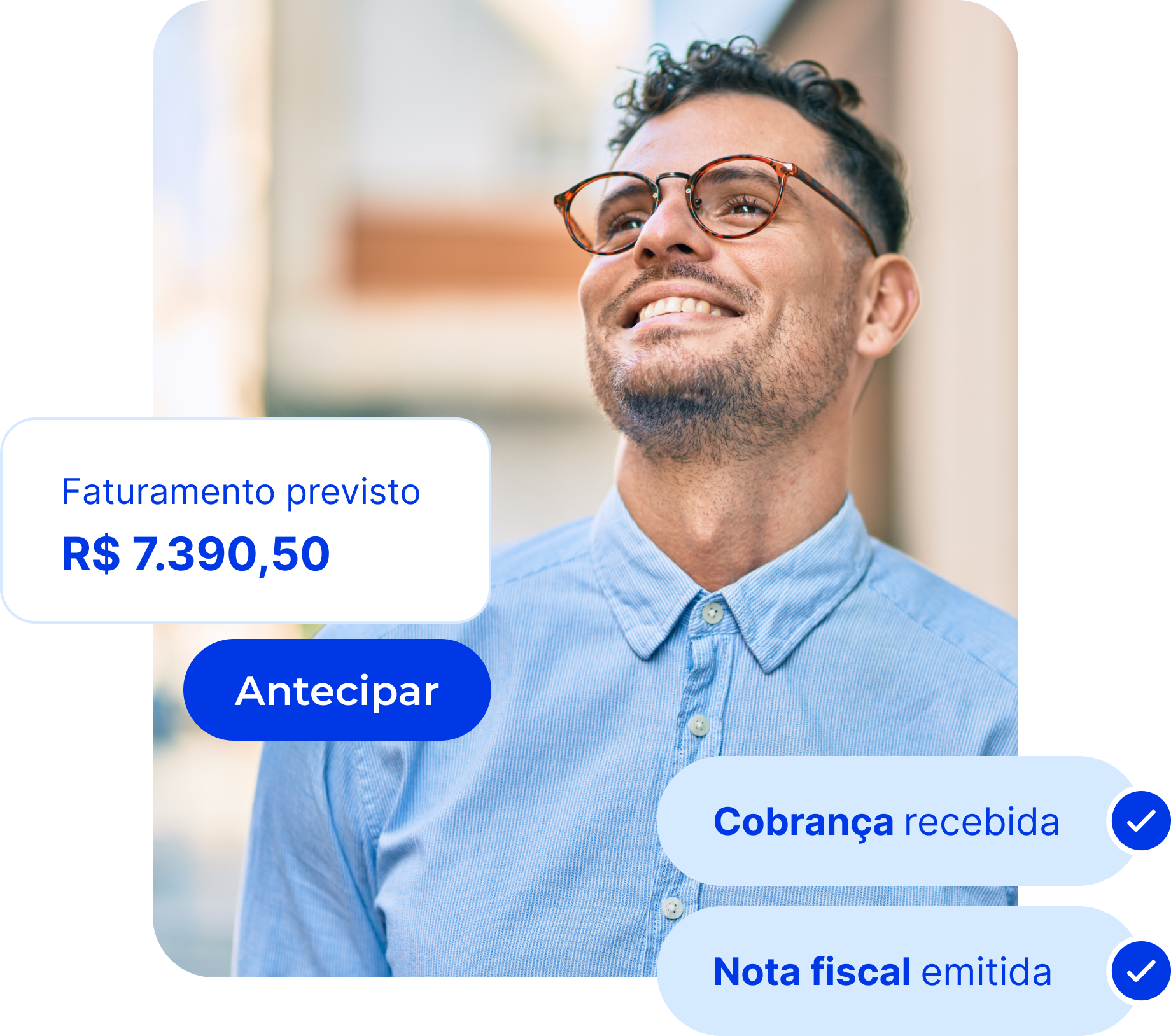 Homem sorrindo e usando óculos. Ao seu redor notificações de cobrança recebida, nota fiscal emitida e indicativo de faturamento previsto.