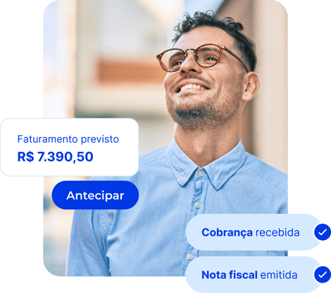 Homem sorrindo e usando óculos. Ao seu redor notificações de cobrança recebida, nota fiscal emitida e indicativo de faturamento previsto. Homem sorrindo e usando óculos. Ao seu redor notificações de cobrança recebida, nota fiscal emitida e indicativo de faturamento previsto.