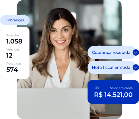 Mulher sorrindo e trabalhando em seu notebook. Ao lado, informações sobre cobranças previstas, vencidas e recebidas, notificação de nota fiscal emitida e saldo em conta. Mulher sorrindo e trabalhando em seu notebook. Ao lado, informações sobre cobranças previstas, vencidas e recebidas, notificação de nota fiscal emitida e saldo em conta.