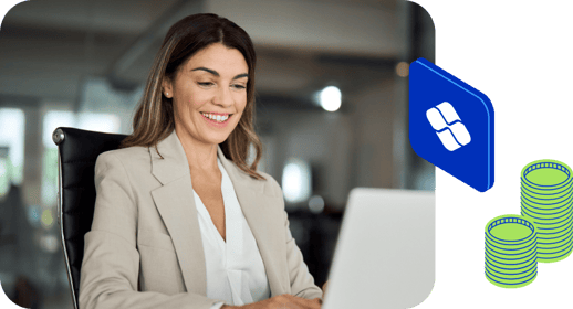 Mulher sorrindo e olhando para o computador. Ao lado, ilustrações de moedas e logo do Pix.