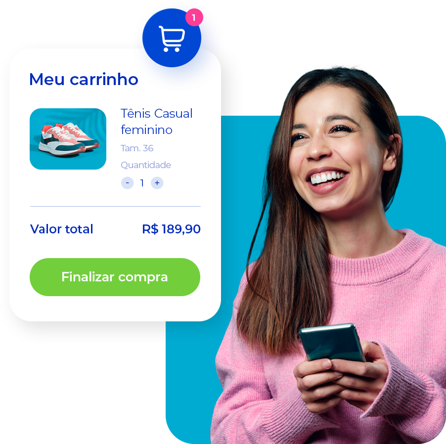 Mulher sorrindo com celular nas mãos, ao lado, uma simulação de um carrinho de compras.