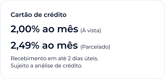 Cartão de crédito a partir de 2% ao mês (à vista) e 2,49% ao mês (parcelado)